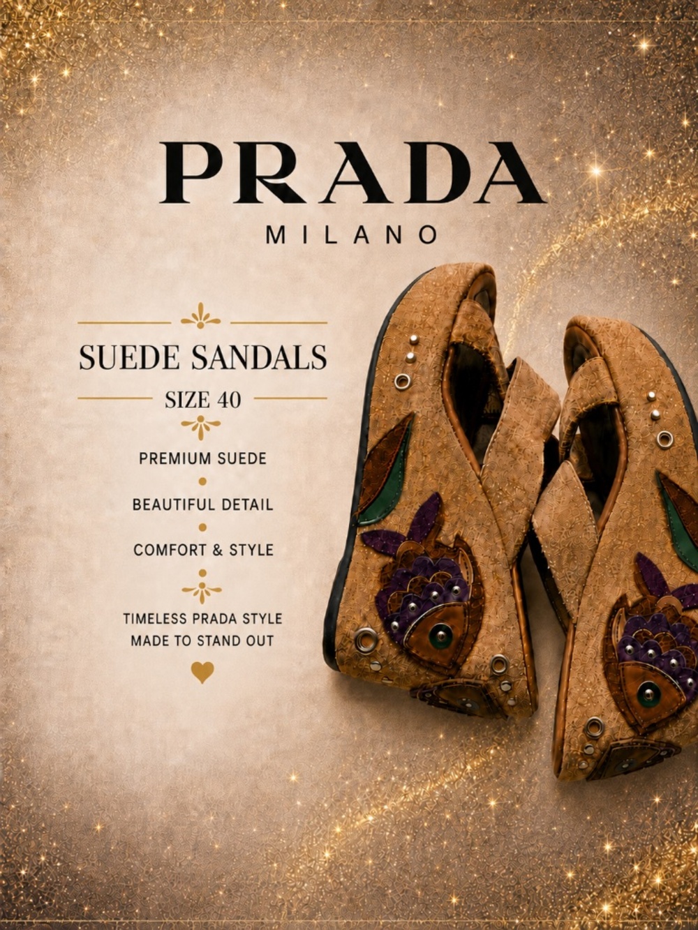 Prada vintage suede brown platform sandals with fish motif 40